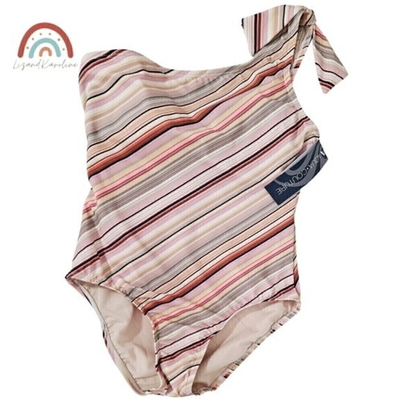 New! Aqua Couture One Shoulder Boho Stripes Tie Knot Bow One Piece Swimsuit - Picture 2 of 12